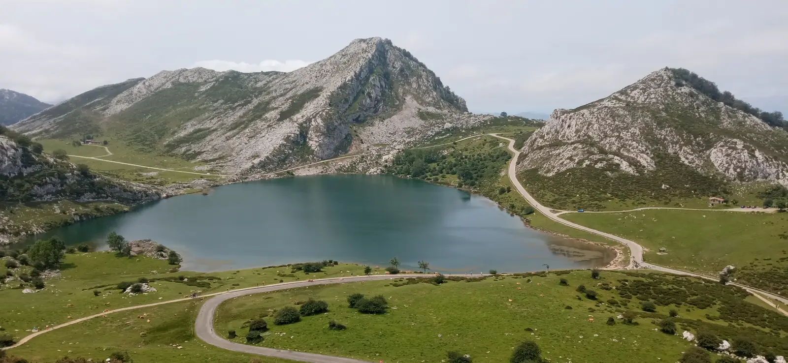 Vista de los Lagos de Covadonga: un lago de aguas turquesa entre prados verdes y montañas calizas, bajo un cielo nublado.